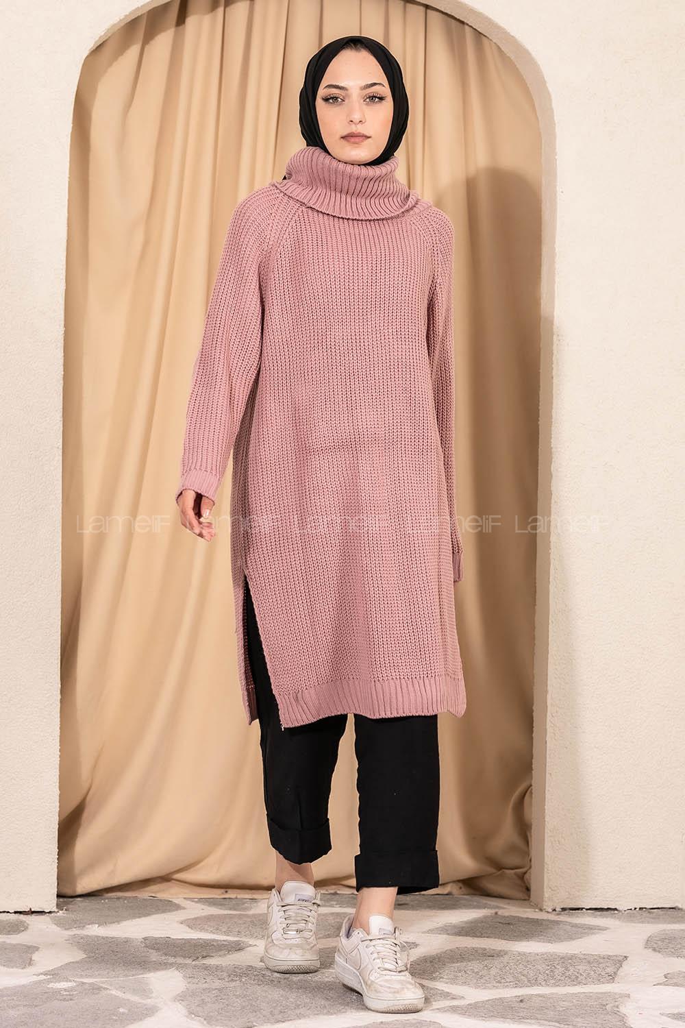 Modalamelif  Boğazlı Yırtmaç Detaylı Salaş Triko Tunik Lila