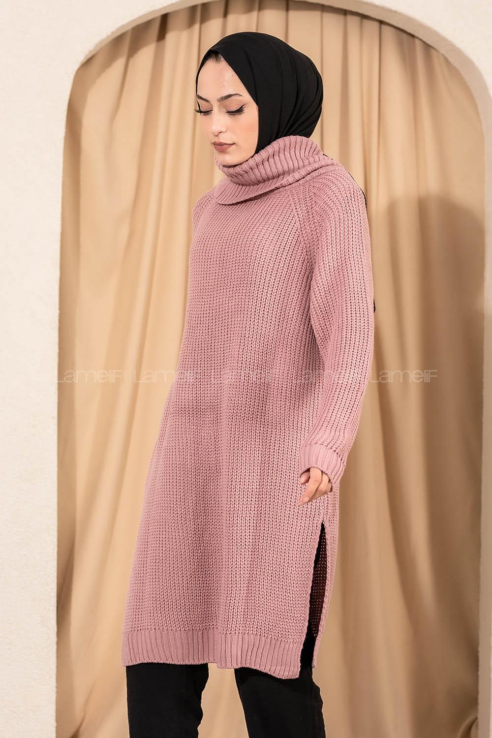 Modalamelif  Boğazlı Yırtmaç Detaylı Salaş Triko Tunik Lila