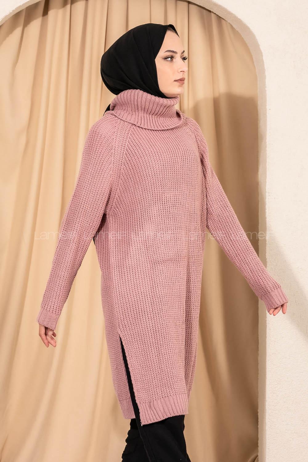 Modalamelif  Boğazlı Yırtmaç Detaylı Salaş Triko Tunik Lila