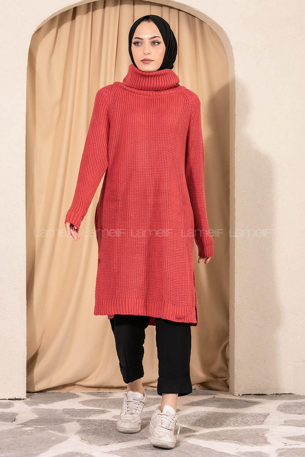 Modalamelif  Boğazlı Yırtmaç Detaylı Salaş Triko Tunik Pembe