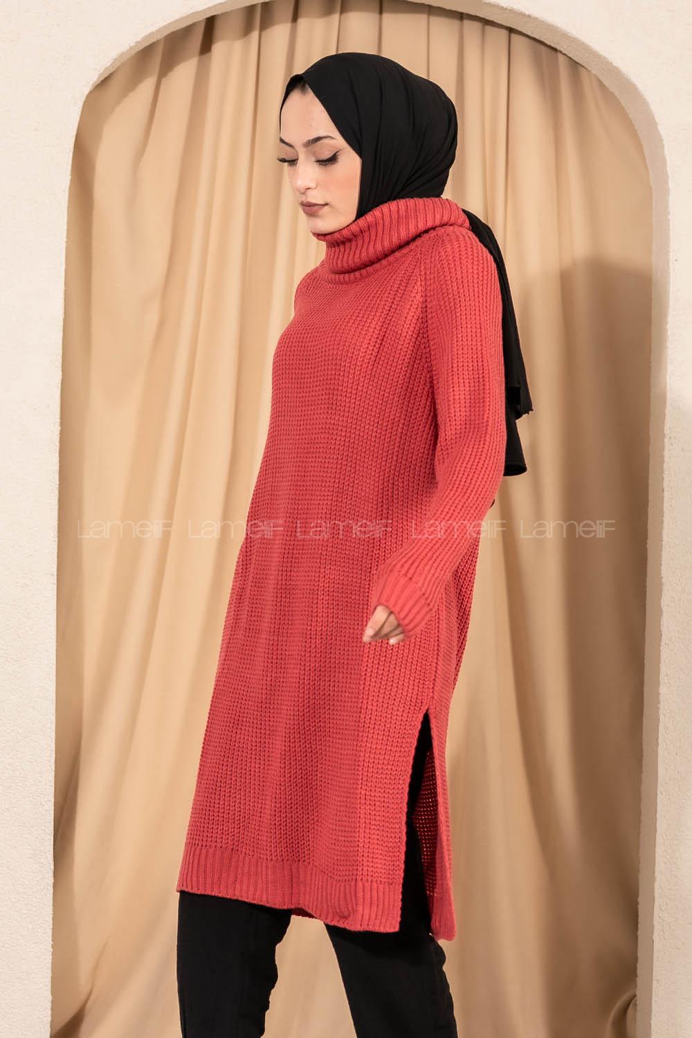 Modalamelif  Boğazlı Yırtmaç Detaylı Salaş Triko Tunik Pembe