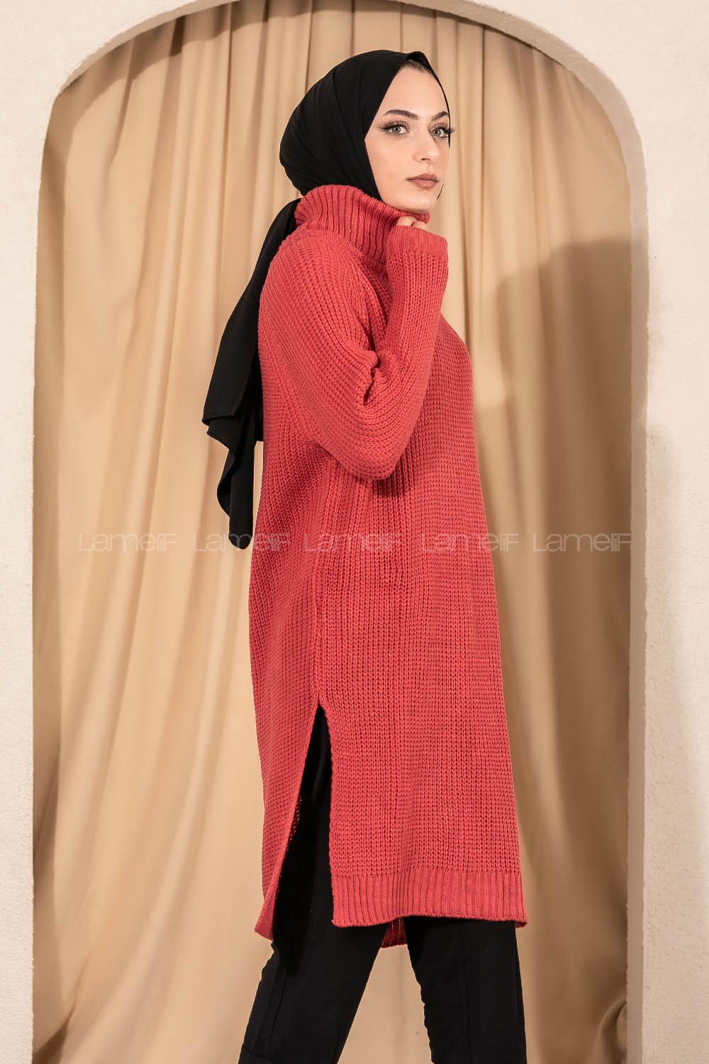 Modalamelif  Boğazlı Yırtmaç Detaylı Salaş Triko Tunik Pembe