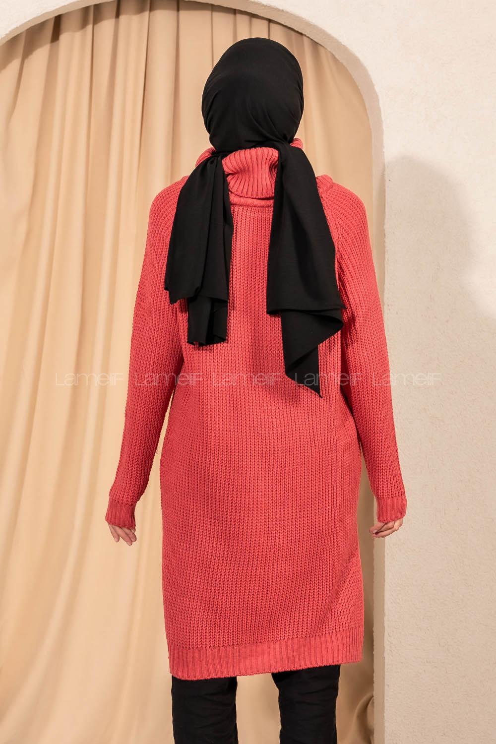 Modalamelif  Boğazlı Yırtmaç Detaylı Salaş Triko Tunik Pembe