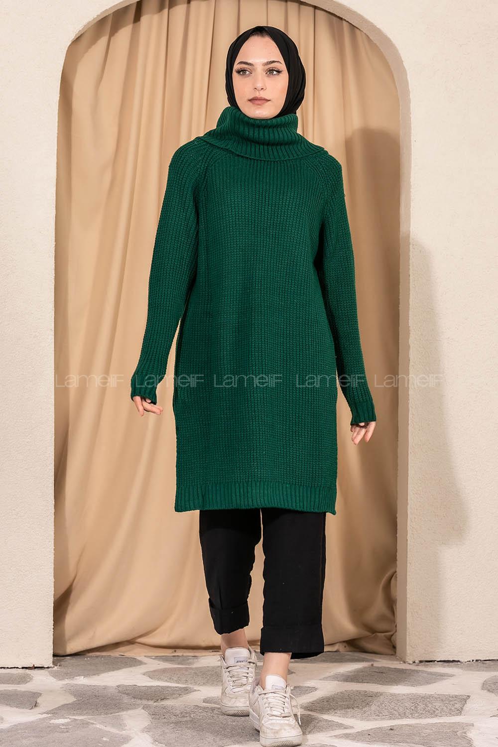 Modalamelif  Boğazlı Yırtmaç Detaylı Salaş Triko Tunik Zümrüt