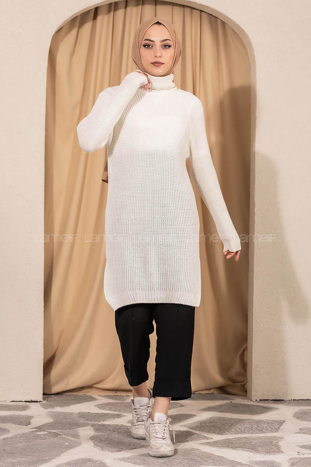 Modalamelif Boğazlı Yırtmaç Detaylı Triko Tunik Ekru