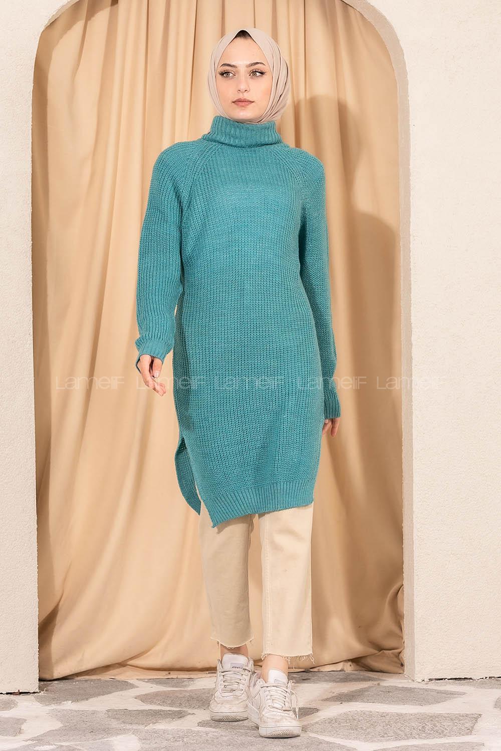 Modalamelif Boğazlı Yırtmaç Detaylı Triko Tunik Mint