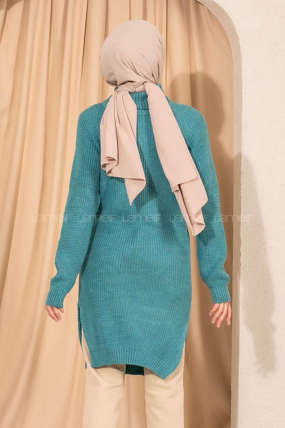 Modalamelif Boğazlı Yırtmaç Detaylı Triko Tunik Mint