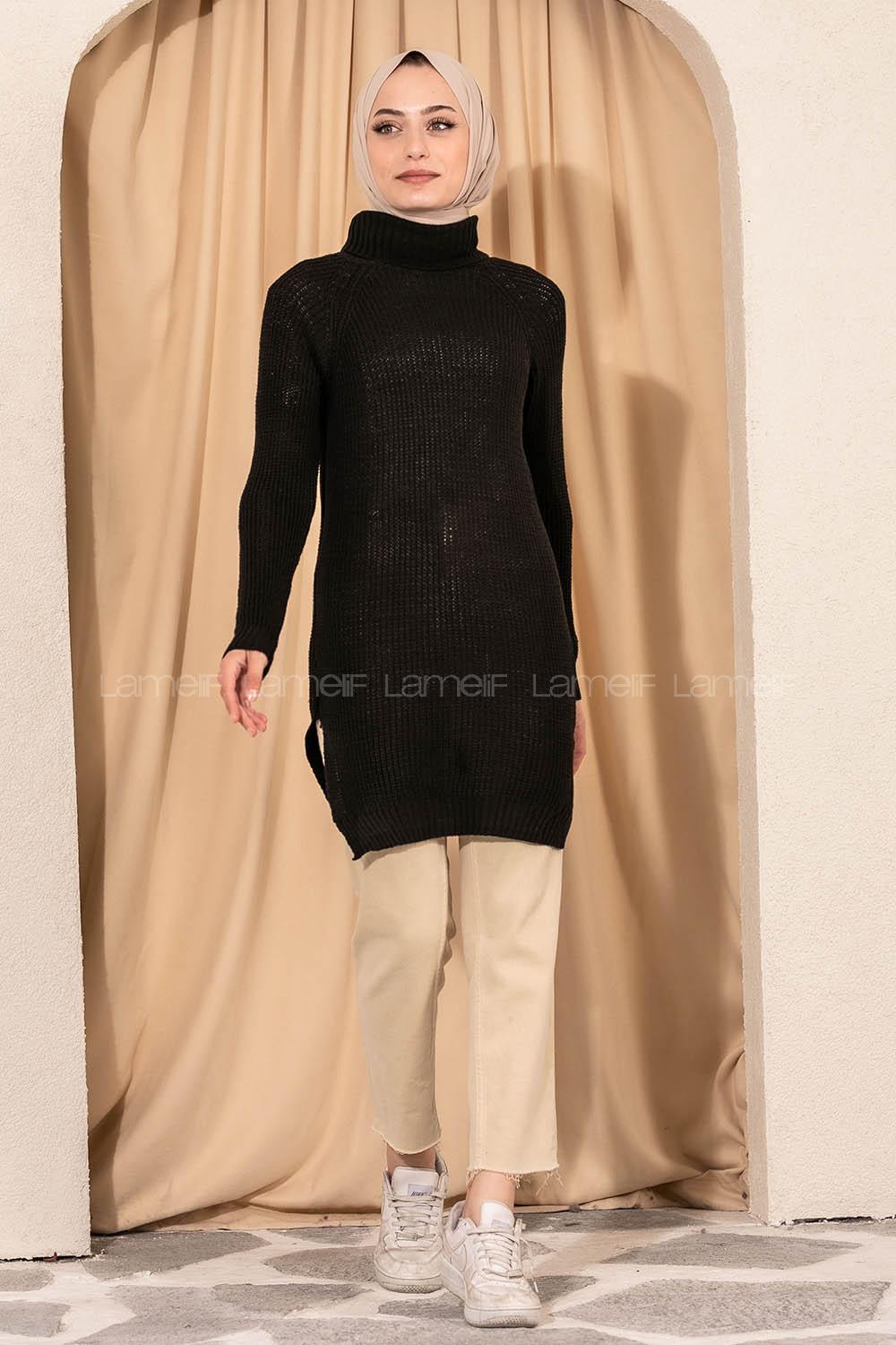 Modalamelif Boğazlı Yırtmaç Detaylı Triko Tunik Siyah