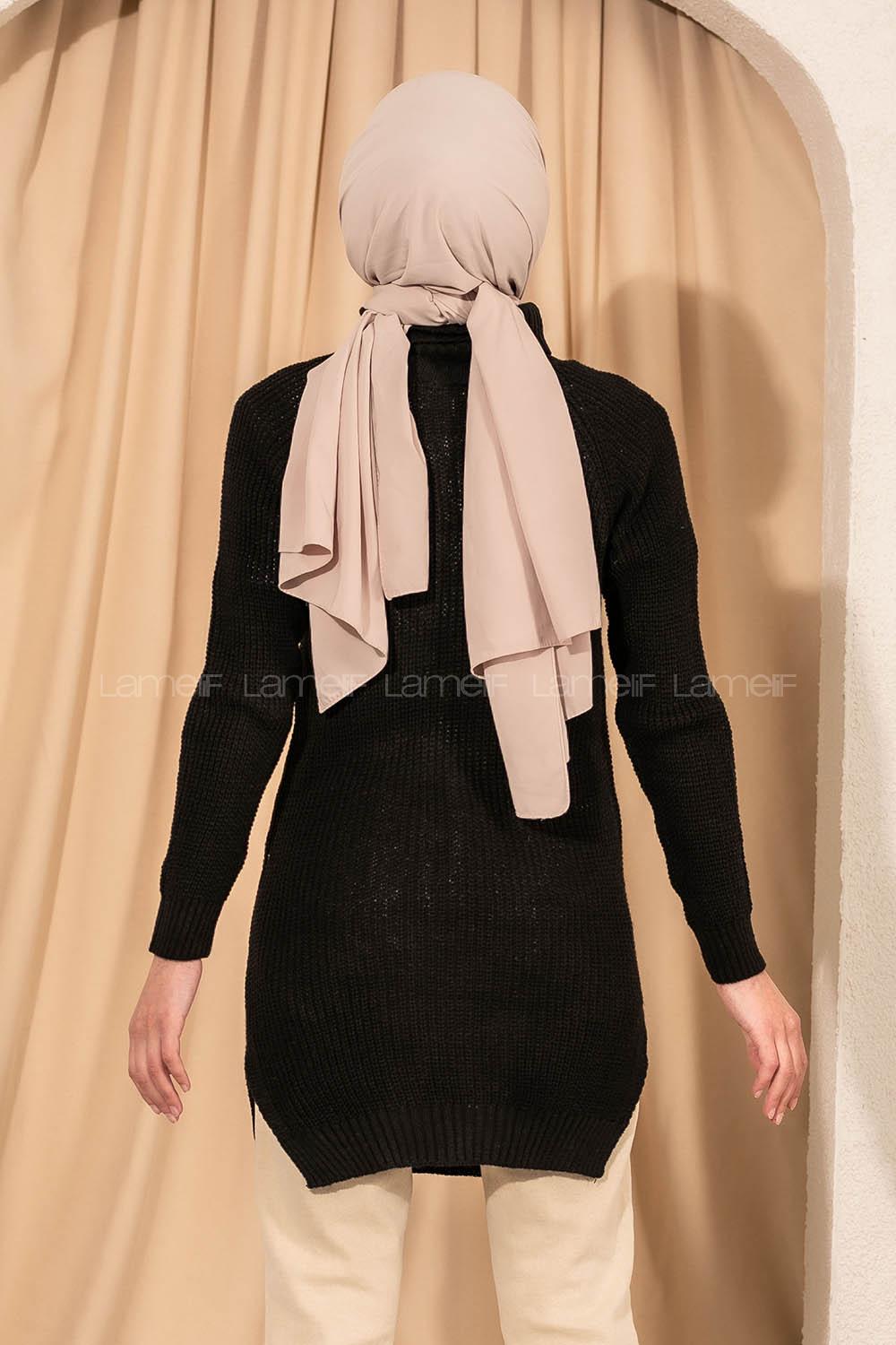 Modalamelif Boğazlı Yırtmaç Detaylı Triko Tunik Siyah