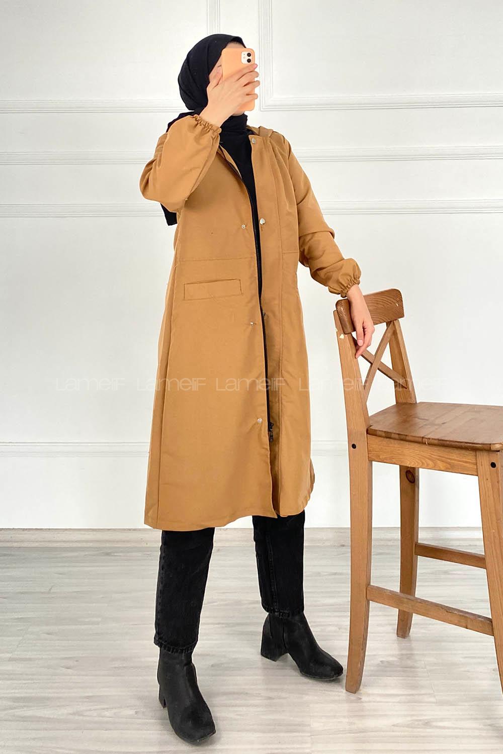 Modalamelif Çift Cepli Önü Fermuar Detaylı Kapüşonlu Trenç Camel
