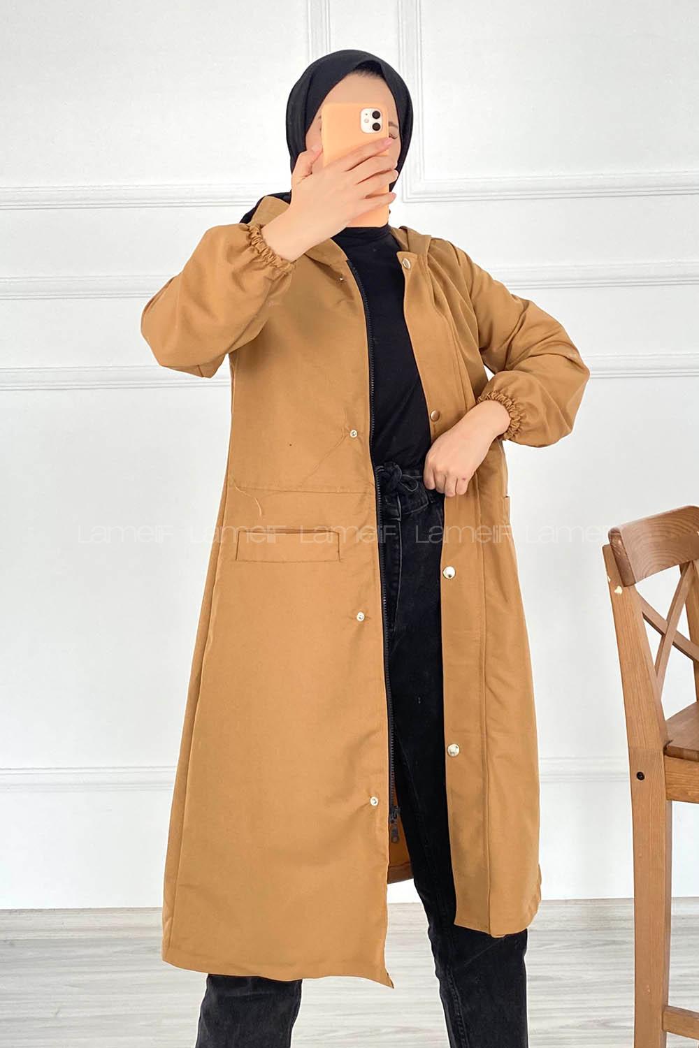 Modalamelif Çift Cepli Önü Fermuar Detaylı Kapüşonlu Trenç Camel