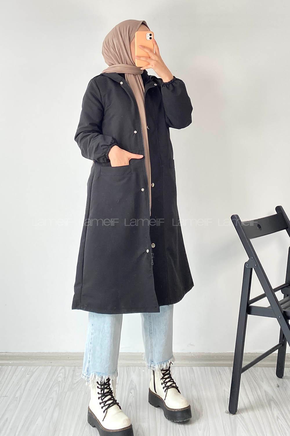 Modalamelif Çift Cepli Önü Fermuar Detaylı Kapüşonlu Trenç Siyah