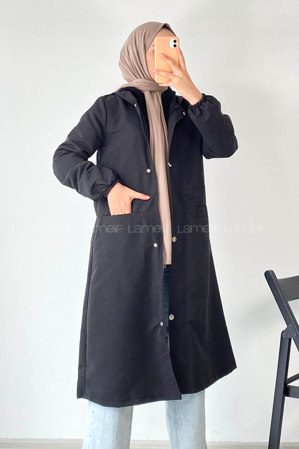 Modalamelif Çift Cepli Önü Fermuar Detaylı Kapüşonlu Trenç Siyah
