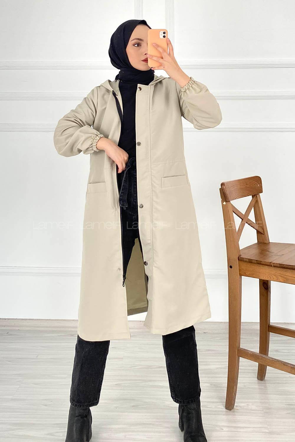 Modalamelif Çift Cepli Önü Fermuar Detaylı Kapüşonlu Trenç Taşrengi