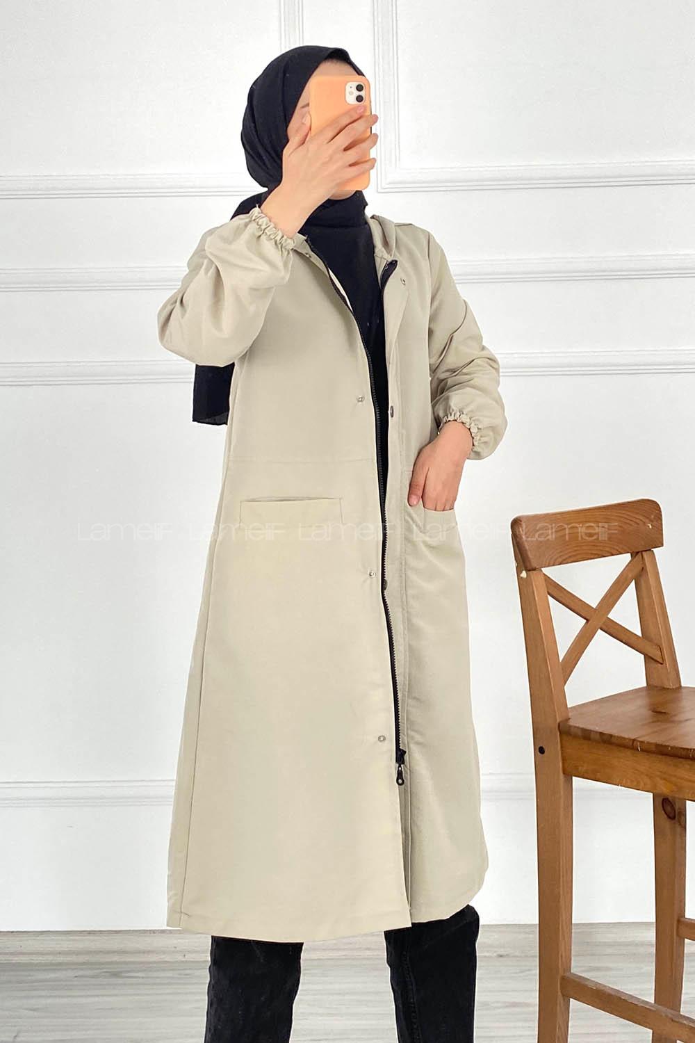 Modalamelif Çift Cepli Önü Fermuar Detaylı Kapüşonlu Trenç Taşrengi