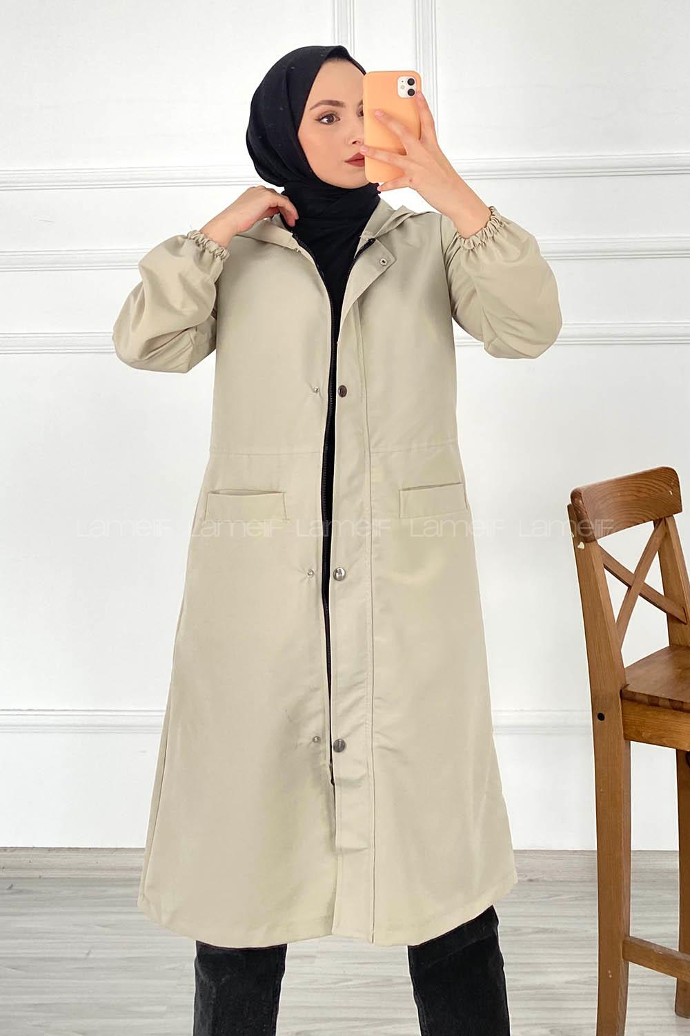 Modalamelif Çift Cepli Önü Fermuar Detaylı Kapüşonlu Trenç Taşrengi