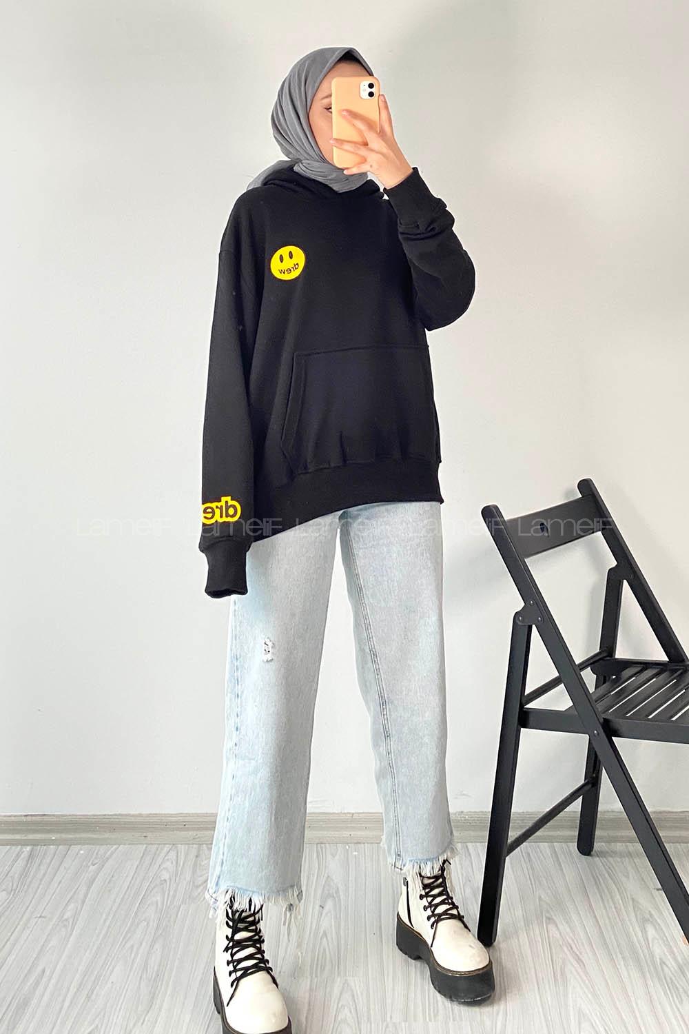 Modalamelif Drew Yazı Baskıılı Kapüşonlu Kanguru Cepli Sweat Siyah