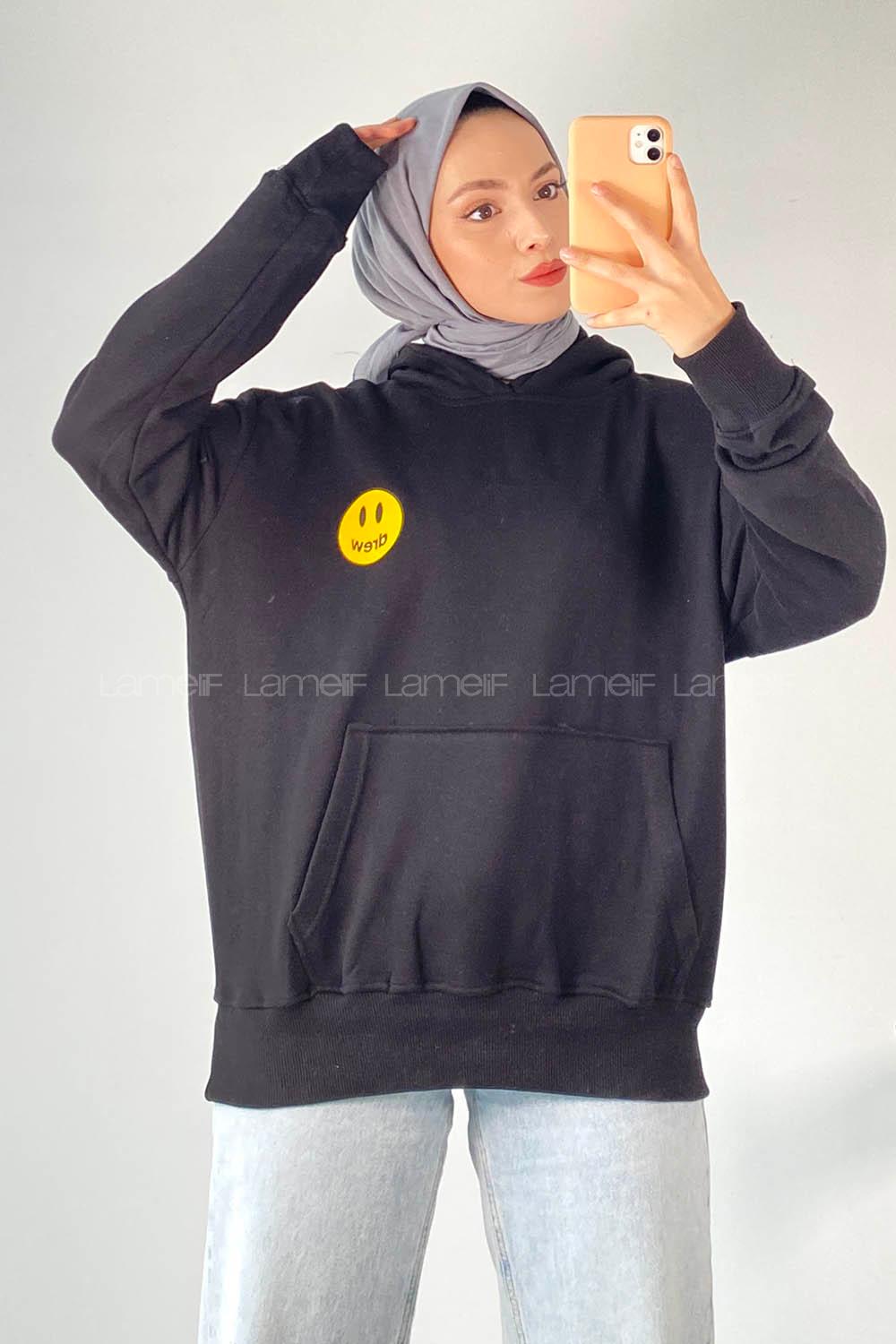 Modalamelif Drew Yazı Baskıılı Kapüşonlu Kanguru Cepli Sweat Siyah