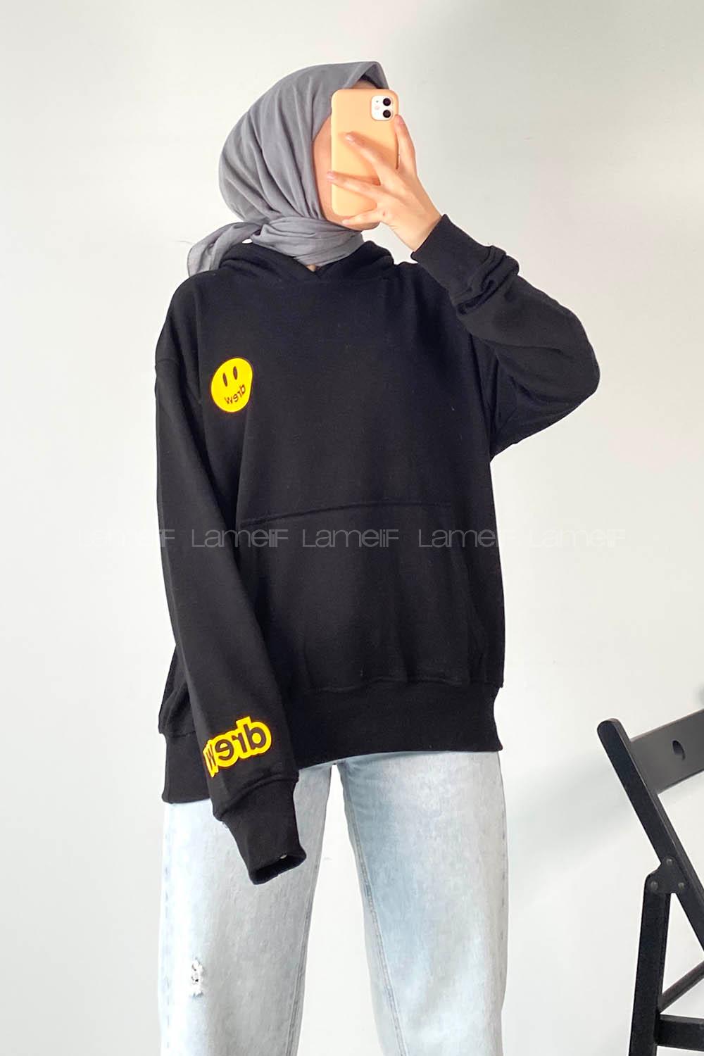 Modalamelif Drew Yazı Baskıılı Kapüşonlu Kanguru Cepli Sweat Siyah