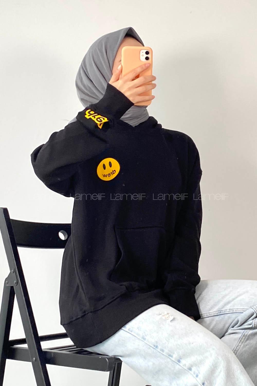 Modalamelif Drew Yazı Baskıılı Kapüşonlu Kanguru Cepli Sweat Siyah