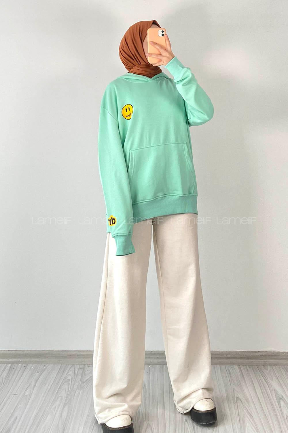 Modalamelif Drew Yazı Baskıılı Kapüşonlu Kanguru Cepli Sweat Su Yeşili