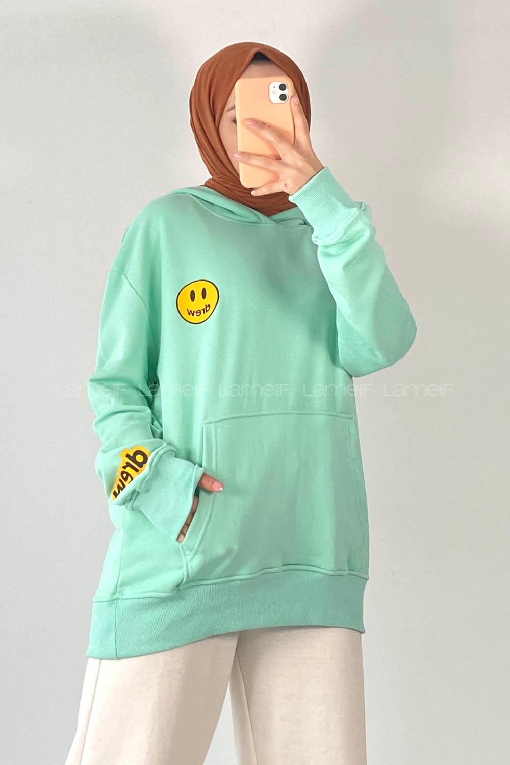 Modalamelif Drew Yazı Baskıılı Kapüşonlu Kanguru Cepli Sweat Su Yeşili