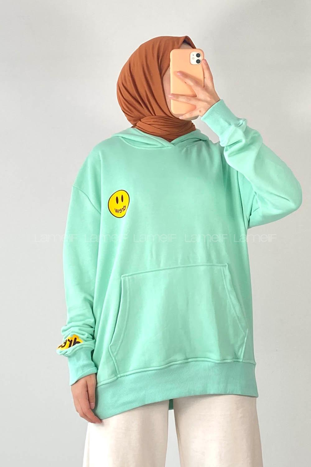 Modalamelif Drew Yazı Baskıılı Kapüşonlu Kanguru Cepli Sweat Su Yeşili