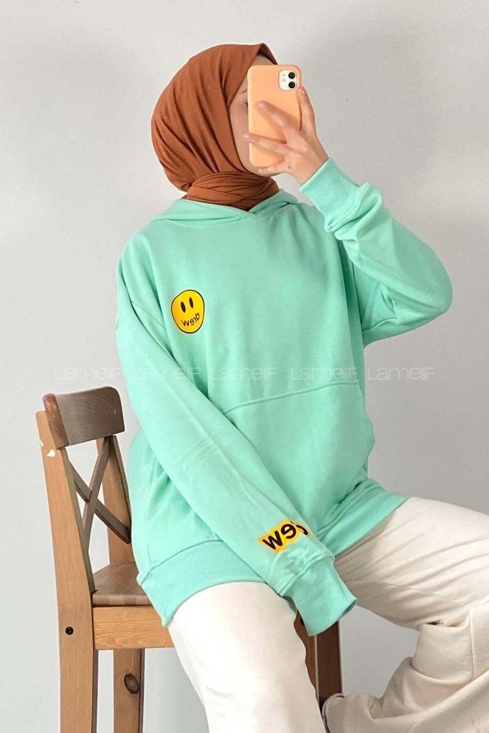 Modalamelif Drew Yazı Baskıılı Kapüşonlu Kanguru Cepli Sweat Su Yeşili