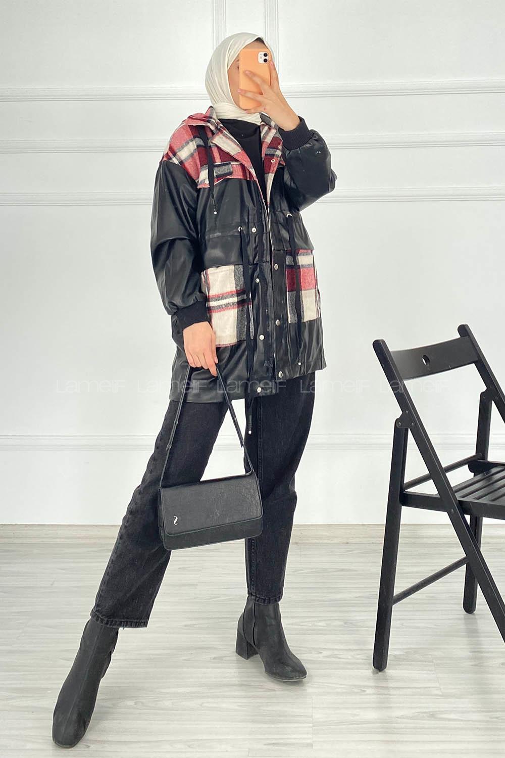 Modalamelif Ekose ve Deri Garnili Kapüşon Detaylı Ceket Kırmızı-Siyah