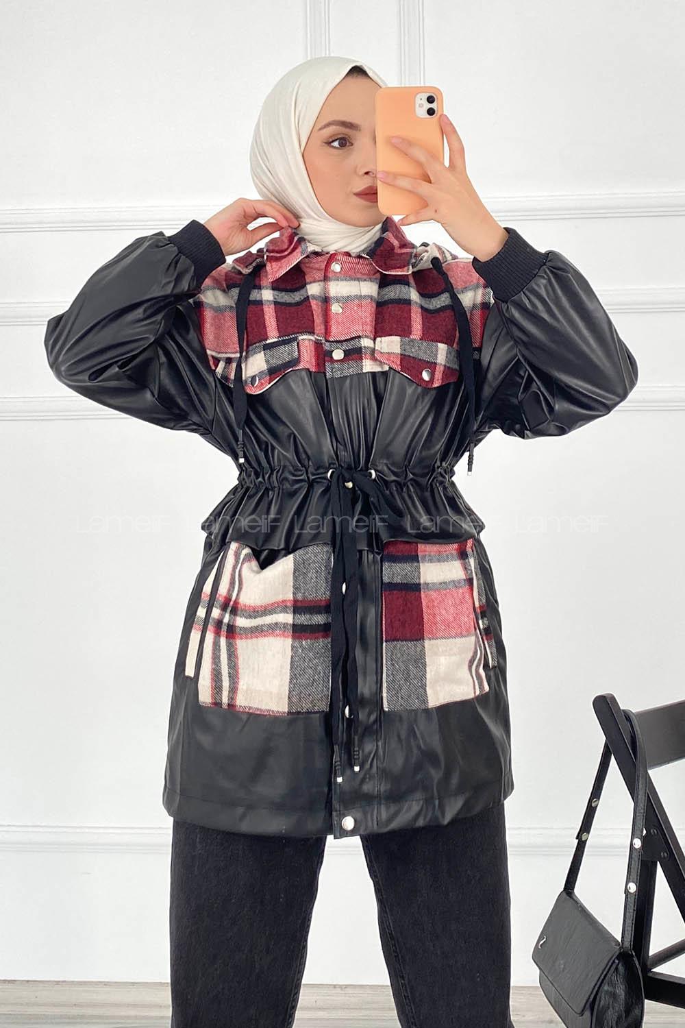 Modalamelif Ekose ve Deri Garnili Kapüşon Detaylı Ceket Kırmızı-Siyah