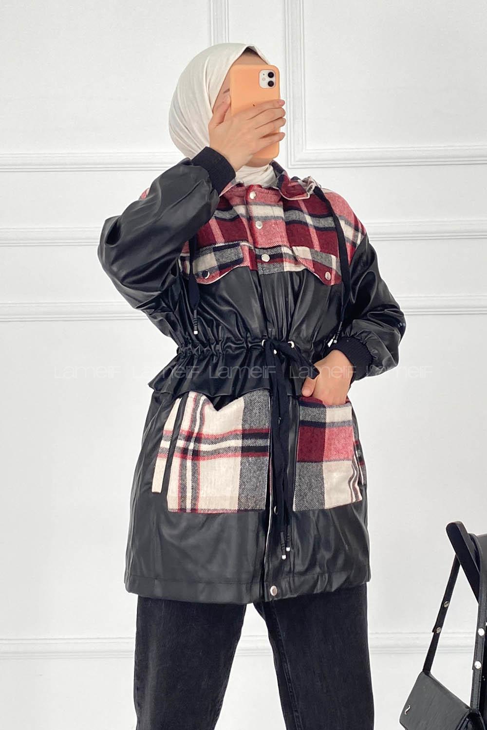 Modalamelif Ekose ve Deri Garnili Kapüşon Detaylı Ceket Kırmızı-Siyah