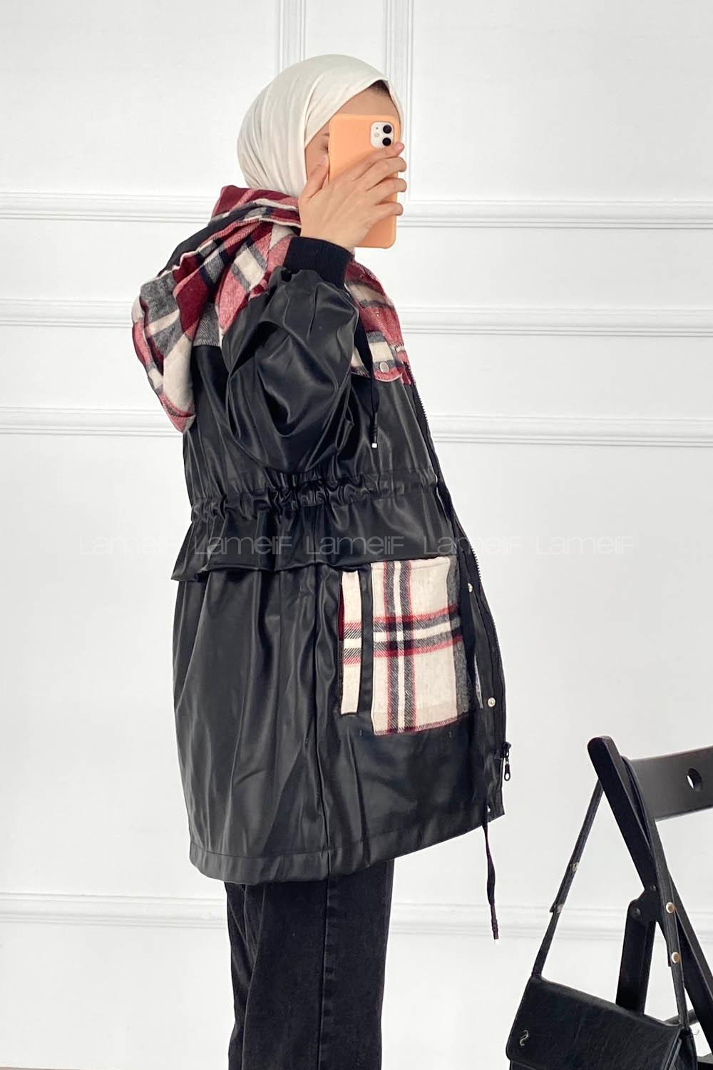 Modalamelif Ekose ve Deri Garnili Kapüşon Detaylı Ceket Kırmızı-Siyah