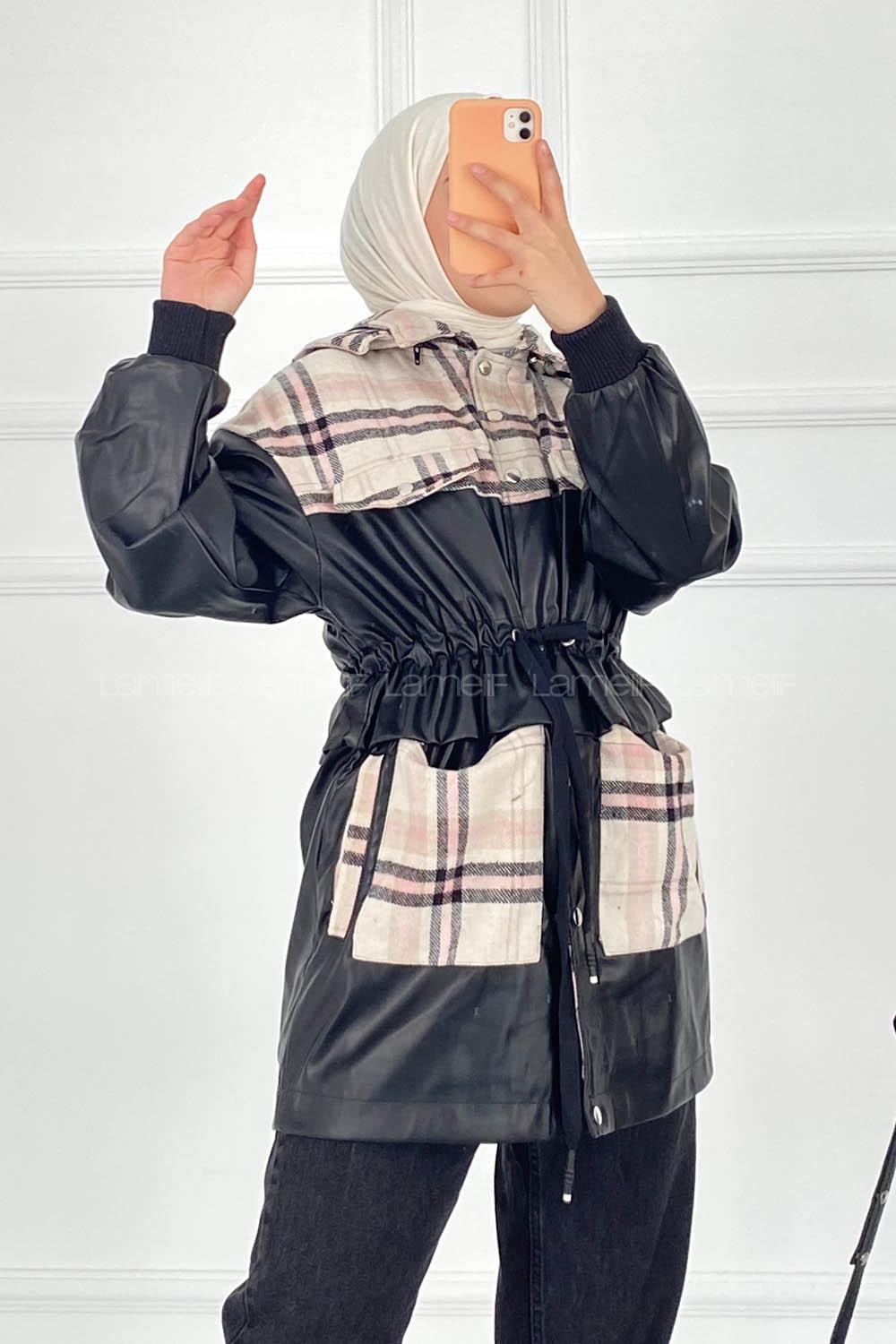 Modalamelif Ekose ve Deri Garnili Kapüşon Detaylı Ceket Taş-Pudra