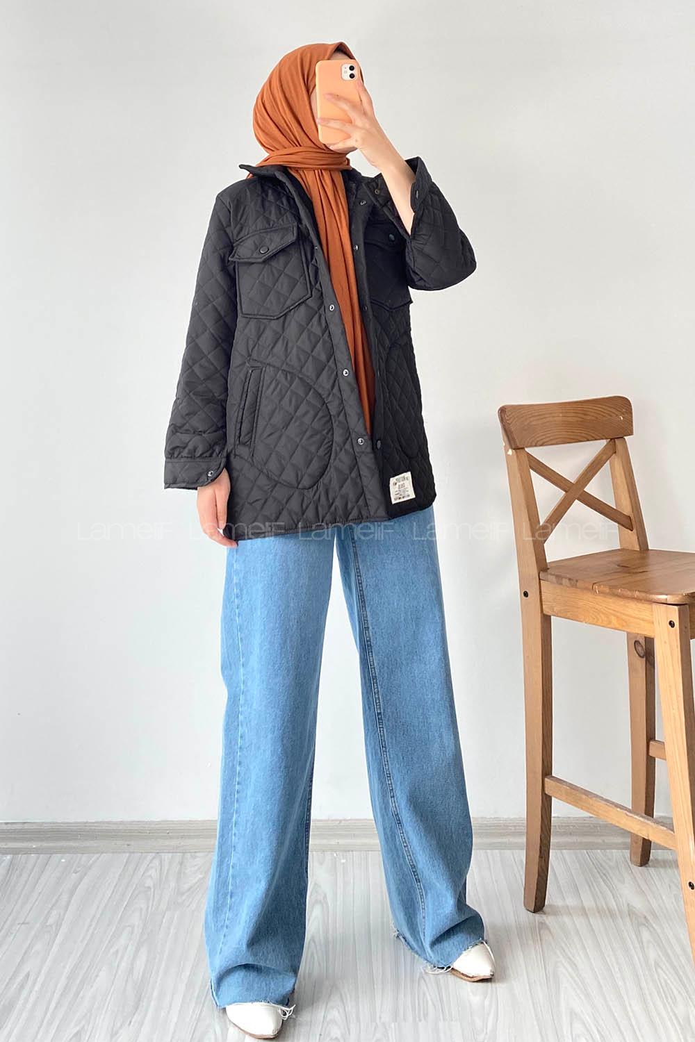 Modalamelif Kapitone Desenli Çift Kapak Cepli Çıtçıt  Düğmeli Ceket Siyah