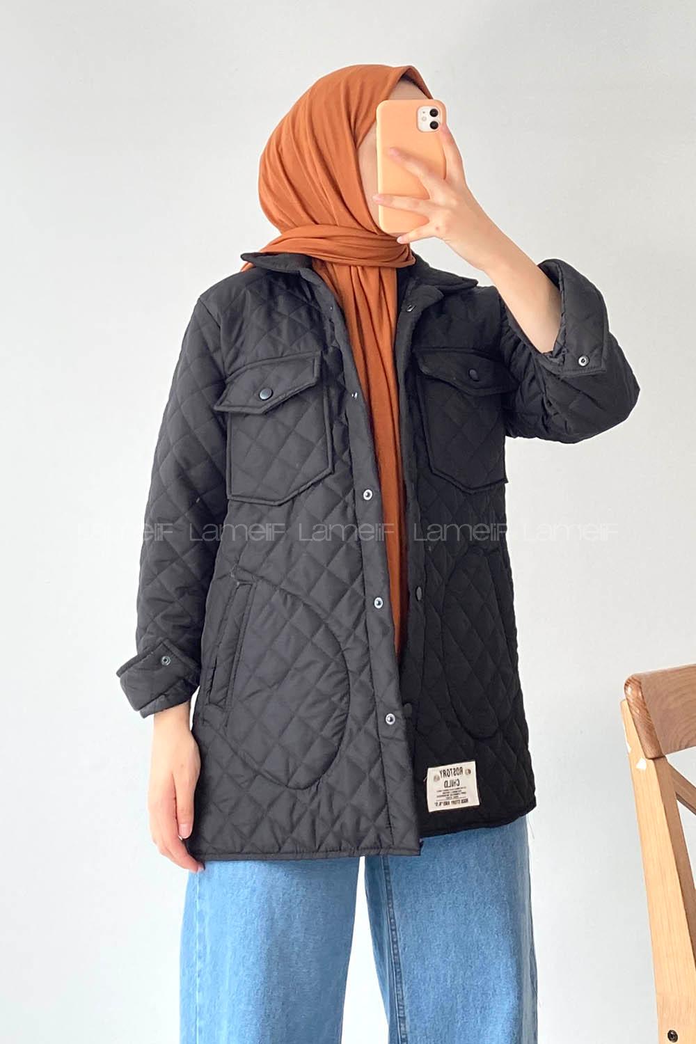 Modalamelif Kapitone Desenli Çift Kapak Cepli Çıtçıt  Düğmeli Ceket Siyah