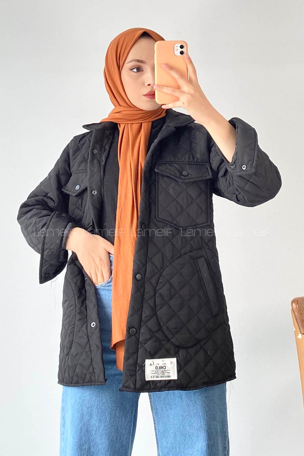 Modalamelif Kapitone Desenli Çift Kapak Cepli Çıtçıt  Düğmeli Ceket Siyah