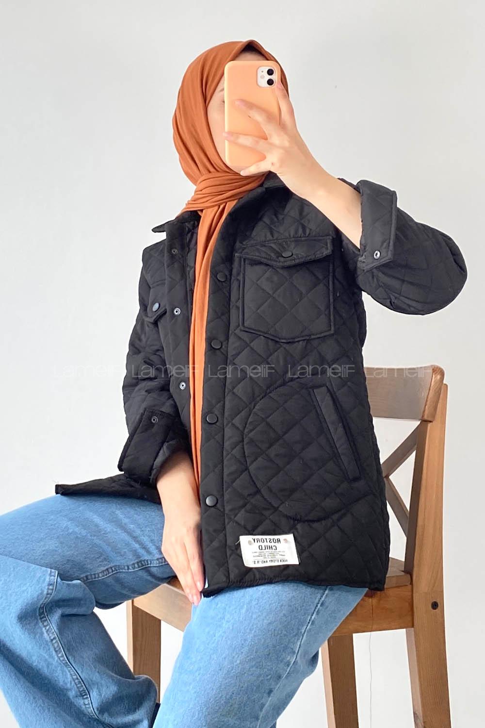 Modalamelif Kapitone Desenli Çift Kapak Cepli Çıtçıt  Düğmeli Ceket Siyah