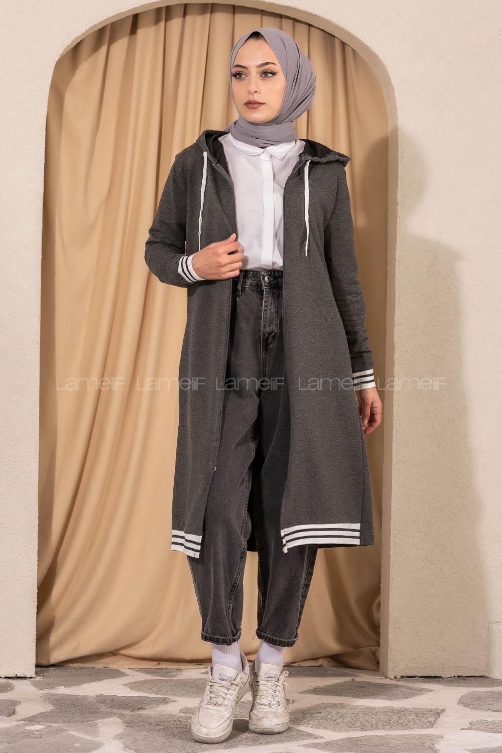 Modalamelif Kapüşonlu Ara Boy Etek Ucu Ribanalı Hırka Antrasit