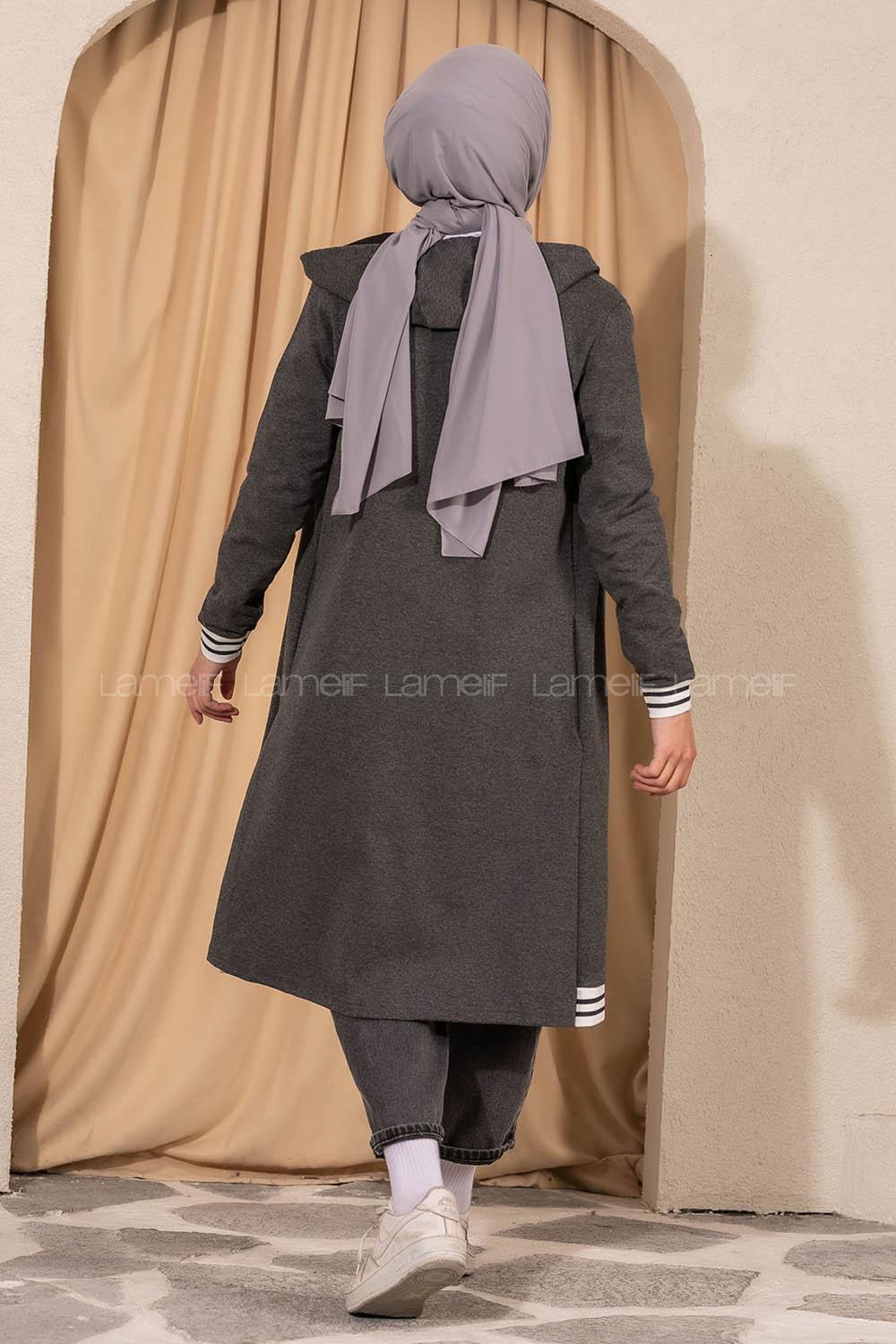 Modalamelif Kapüşonlu Ara Boy Etek Ucu Ribanalı Hırka Antrasit