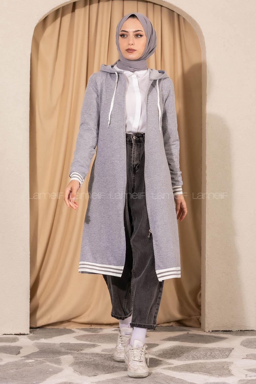 Modalamelif Kapüşonlu Ara Boy Etek Ucu Ribanalı Hırka Gri