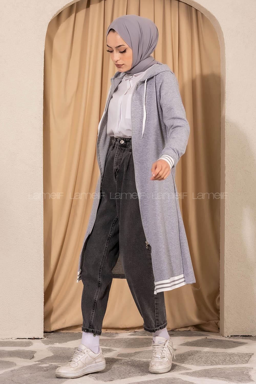 Modalamelif Kapüşonlu Ara Boy Etek Ucu Ribanalı Hırka Gri