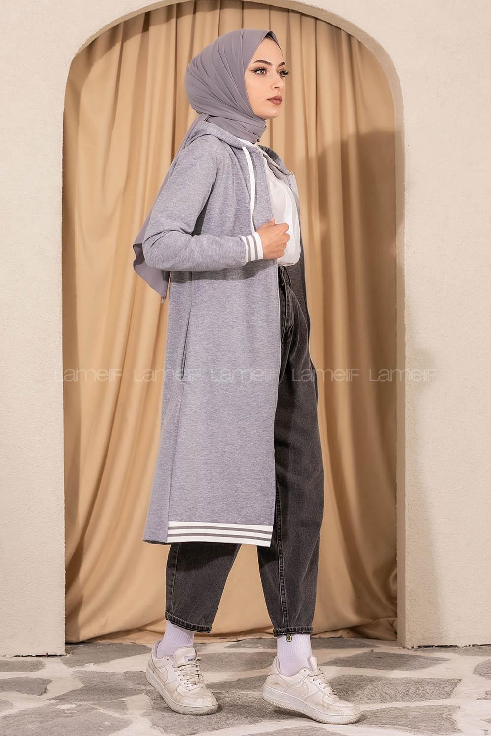 Modalamelif Kapüşonlu Ara Boy Etek Ucu Ribanalı Hırka Gri