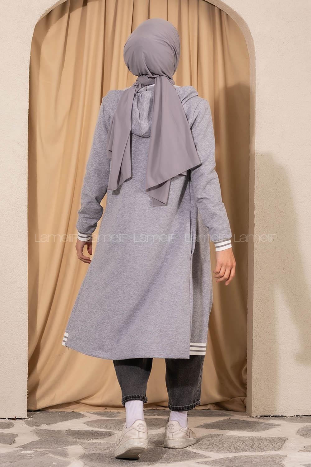 Modalamelif Kapüşonlu Ara Boy Etek Ucu Ribanalı Hırka Gri
