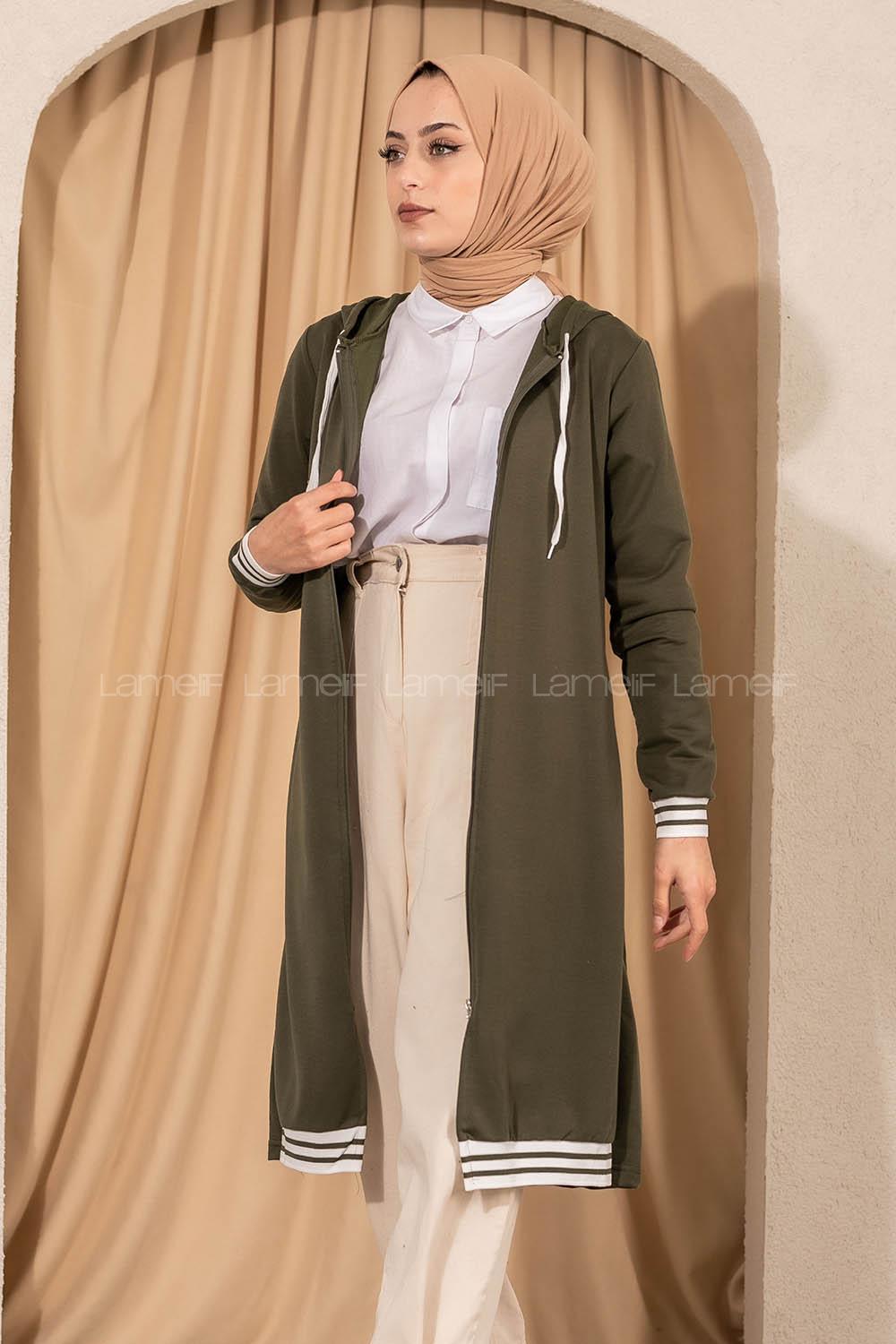 Modalamelif Kapüşonlu Ara Boy Etek Ucu Ribanalı Hırka Haki