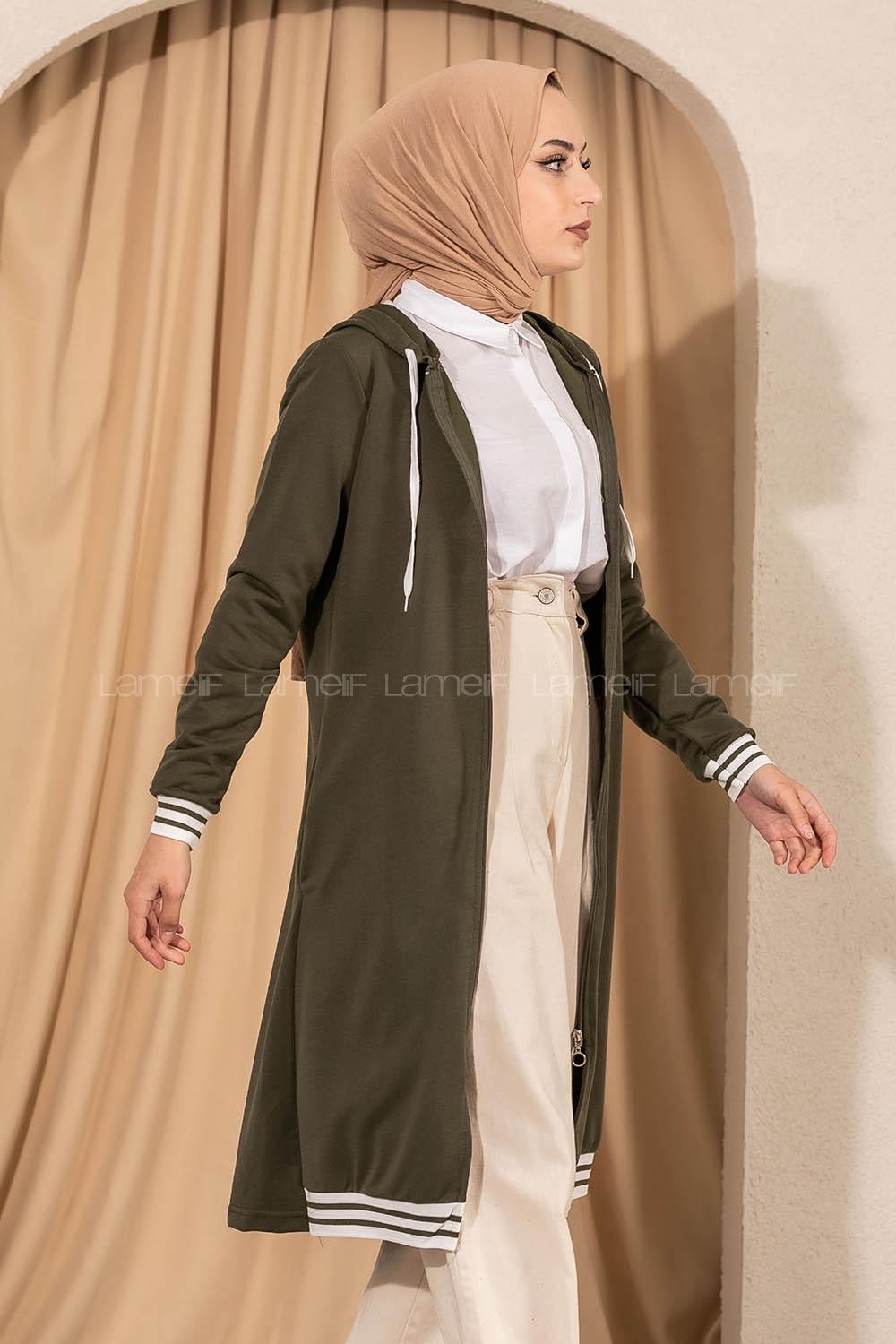 Modalamelif Kapüşonlu Ara Boy Etek Ucu Ribanalı Hırka Haki