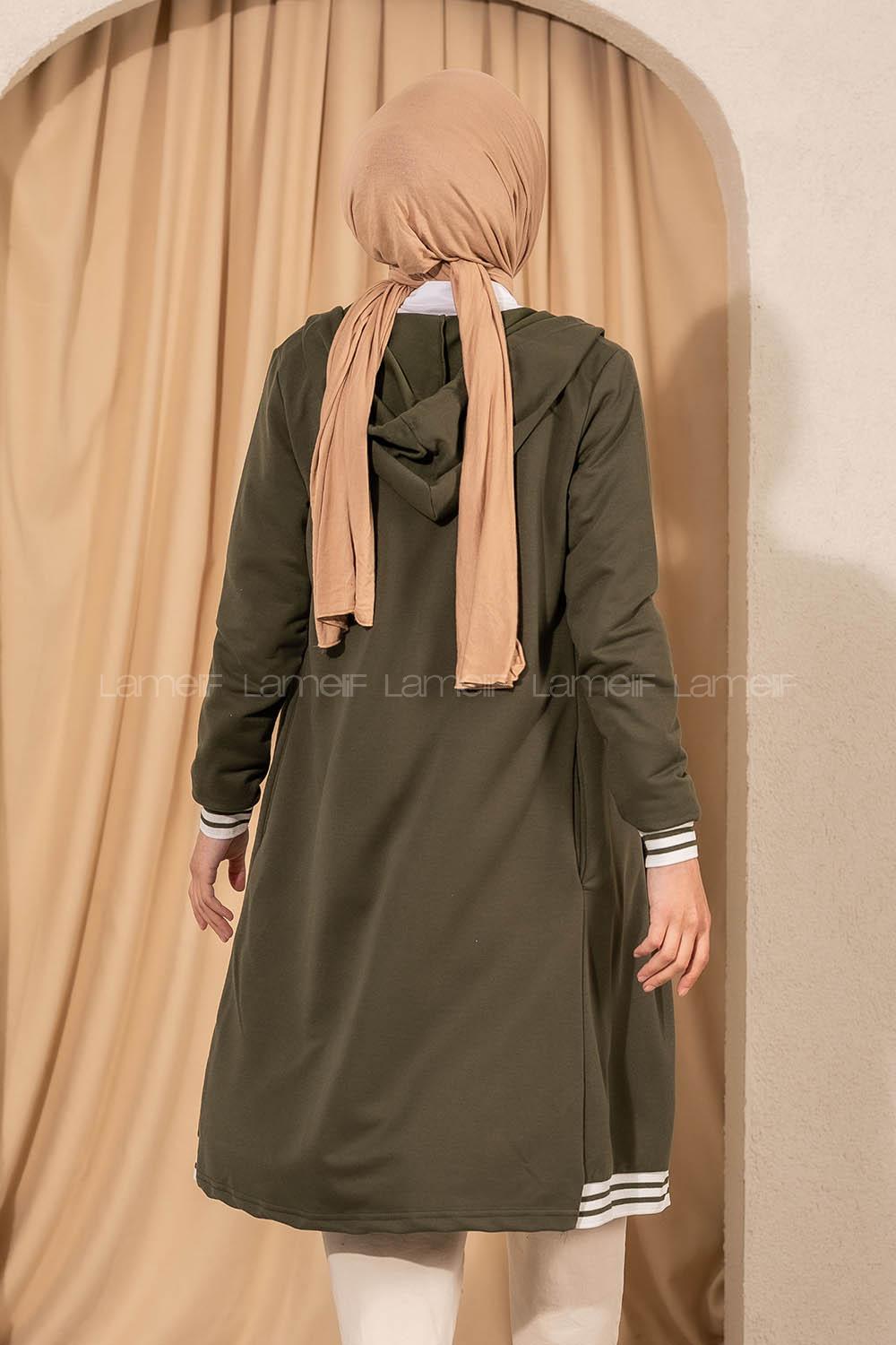 Modalamelif Kapüşonlu Ara Boy Etek Ucu Ribanalı Hırka Haki