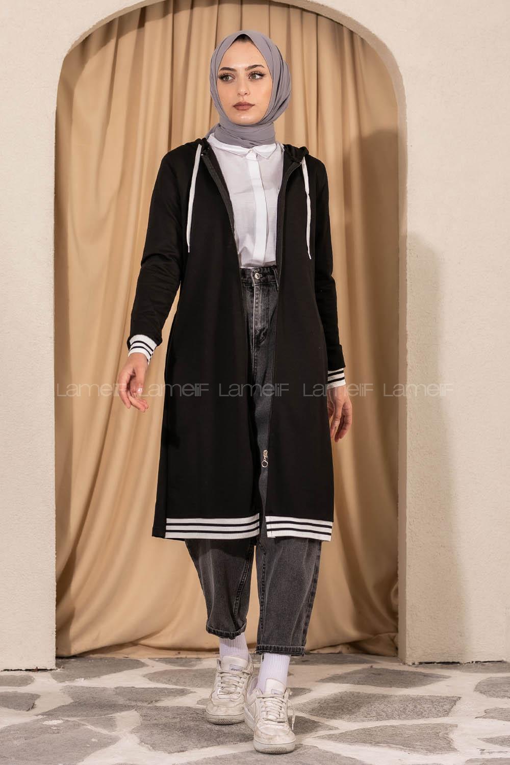 Modalamelif Kapüşonlu Ara Boy Etek Ucu Ribanalı Hırka Siyah