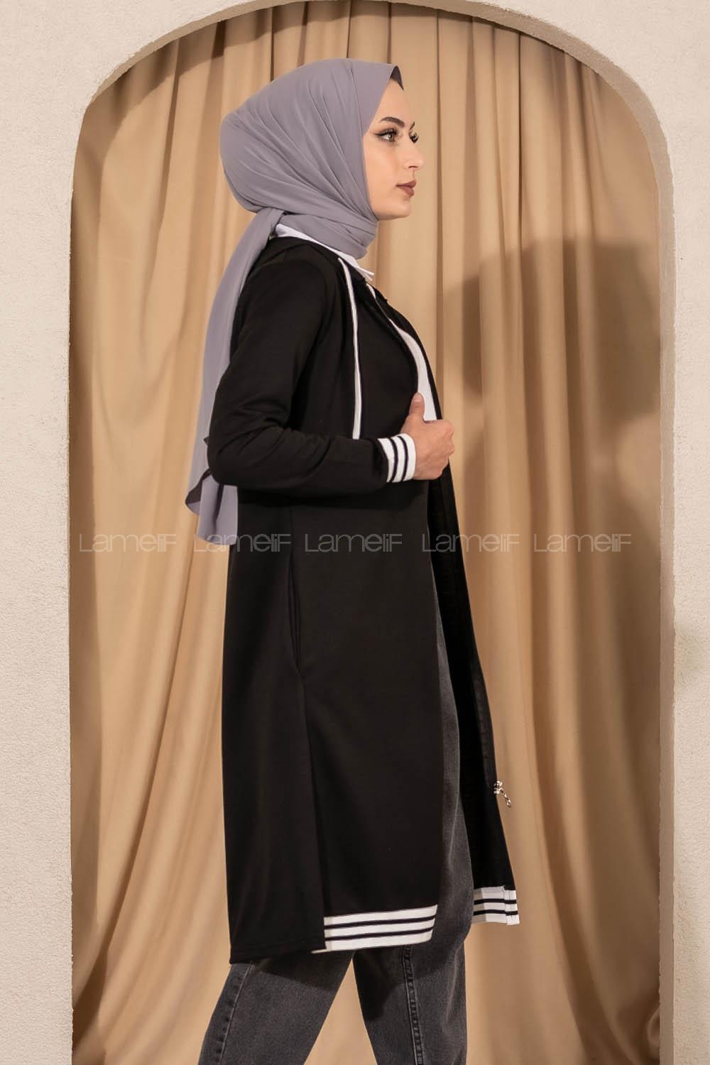 Modalamelif Kapüşonlu Ara Boy Etek Ucu Ribanalı Hırka Siyah