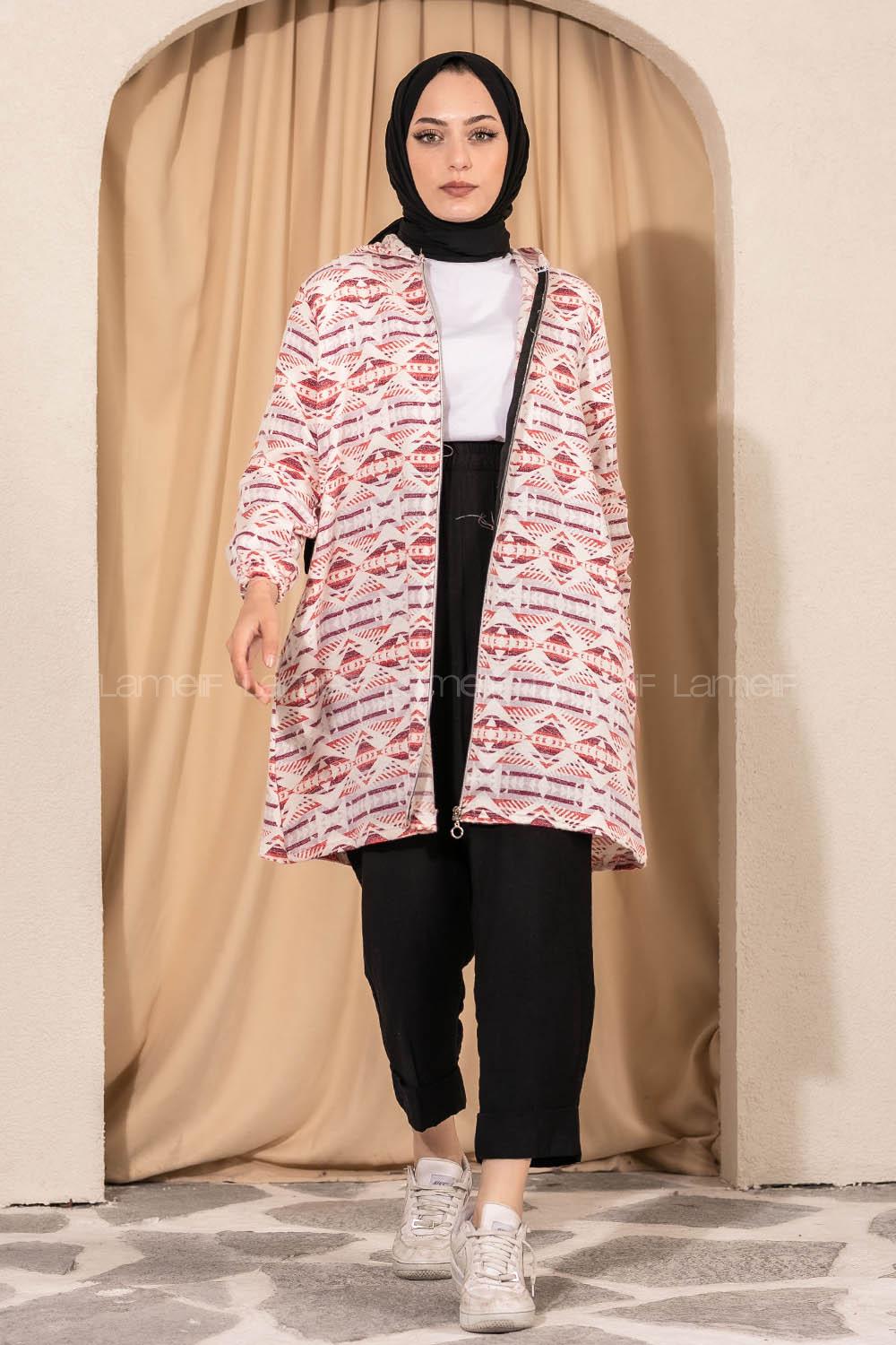 Modalamelif Kapüşonlu Boydan Fermuarlı Etnik Hırka Lila-Kırmızı