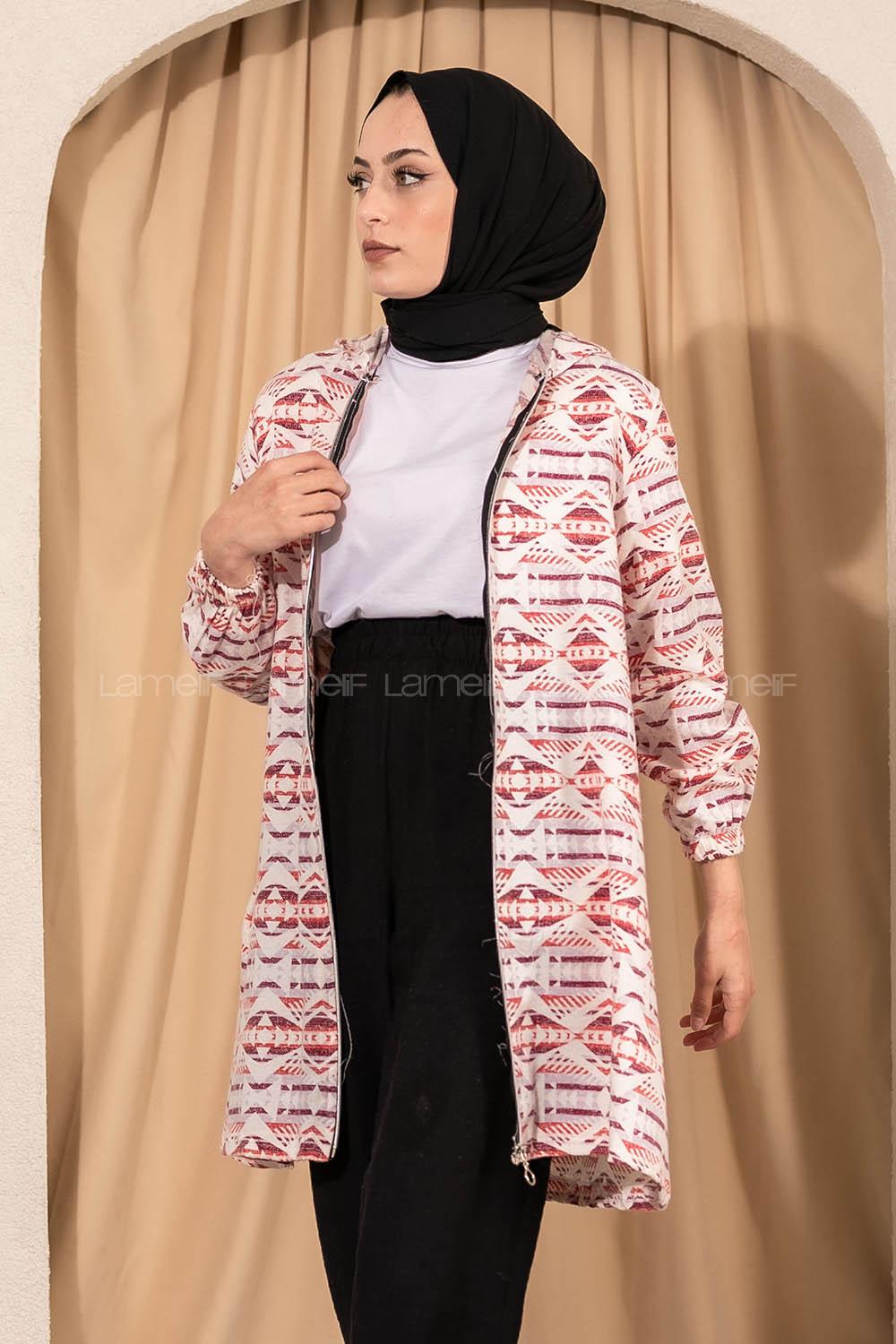 Modalamelif Kapüşonlu Boydan Fermuarlı Etnik Hırka Lila-Kırmızı